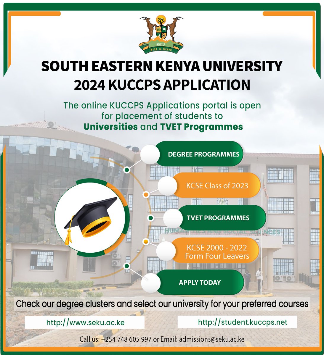 To all Form Four leavers..
Check our degree clusters and select our university for your preferred courses. 
seku.ac.ke/news-and-event…
#universityplacements
#universityprogrammes