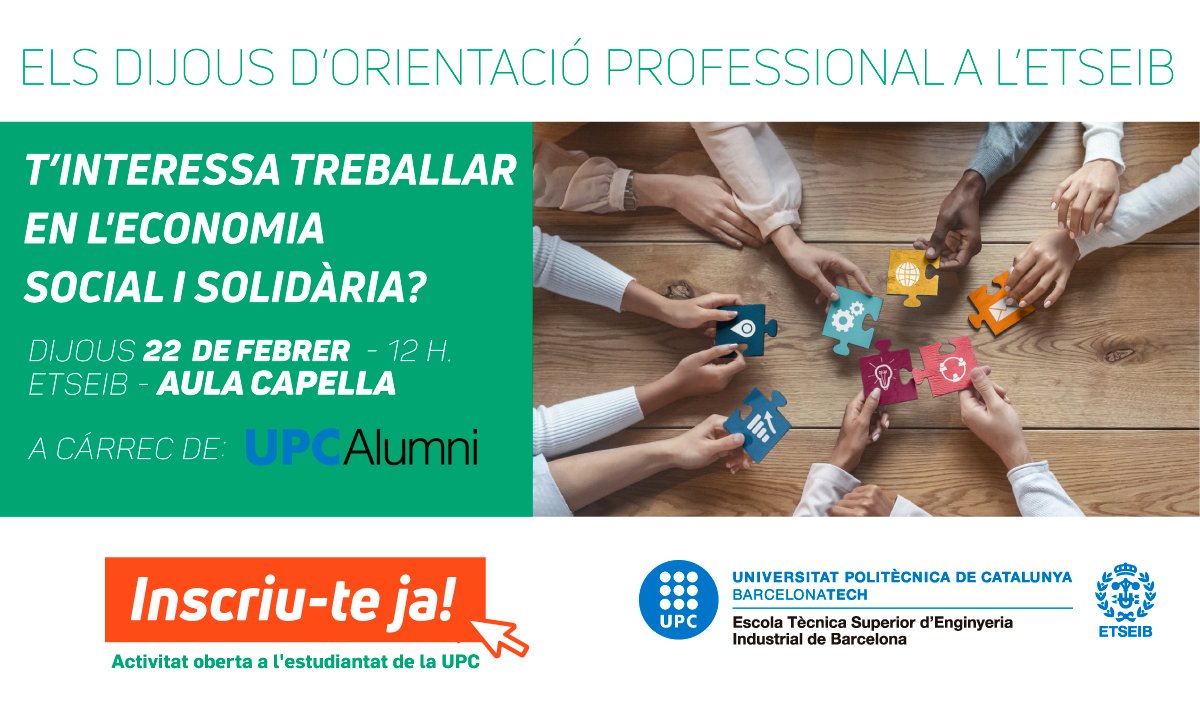 ETSEIB (@etseib_upc) on Twitter photo ➡️ El 22 de febrer a les 12 h, a l'Aula Capella es farà un nou Dijous d'Orientació Professional a l'#ETSEIB. En aquesta ocasió <a href="/UPCAlumni/">UPC Alumni</a> organitzarà una Taula rodona sobre Economia social i solidària.  
📝 Activitat oberta a tot l'estudiantat de <a href="/la_UPC/">Universitat Politècnica de Catalunya (UPC)</a> 
etseib.upc.edu/ca/esdevenimen… ➡️ El 22 de febrer a les 12 h, a l'Aula Capella es farà un nou Dijous d'Orientació Professional a l'#ETSEIB. En aquesta ocasió <a href="/UPCAlumni/">UPC Alumni</a> organitzarà una Taula rodona sobre Economia social i solidària.  
📝 Activitat oberta a tot l'estudiantat de <a href="/la_UPC/">Universitat Politècnica de Catalunya (UPC)</a> 
etseib.upc.edu/ca/esdevenimen…
