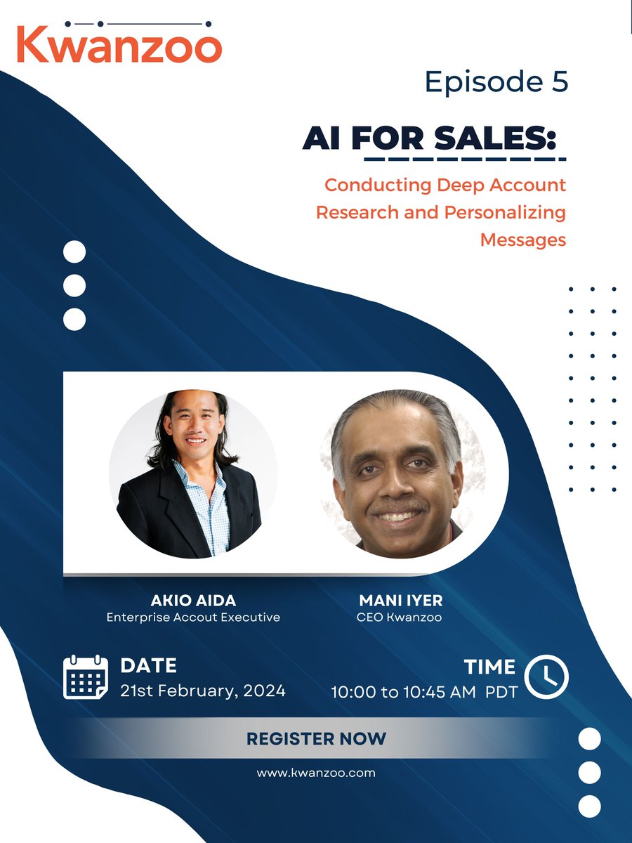 kwanzoo's tweet photo. Join us for an interactive session with @Akio Aida, Enterprise Account Executive, @Grammarly and Kwanzoo CEO Mani Iyer on "AI for Sales", They will walk you through real-world examples of how to use AI prompts with ChatGPT, and how to leverage AI tools https://t.co/UEBOFPX8HC https://t.co/LWNa73uEF8
