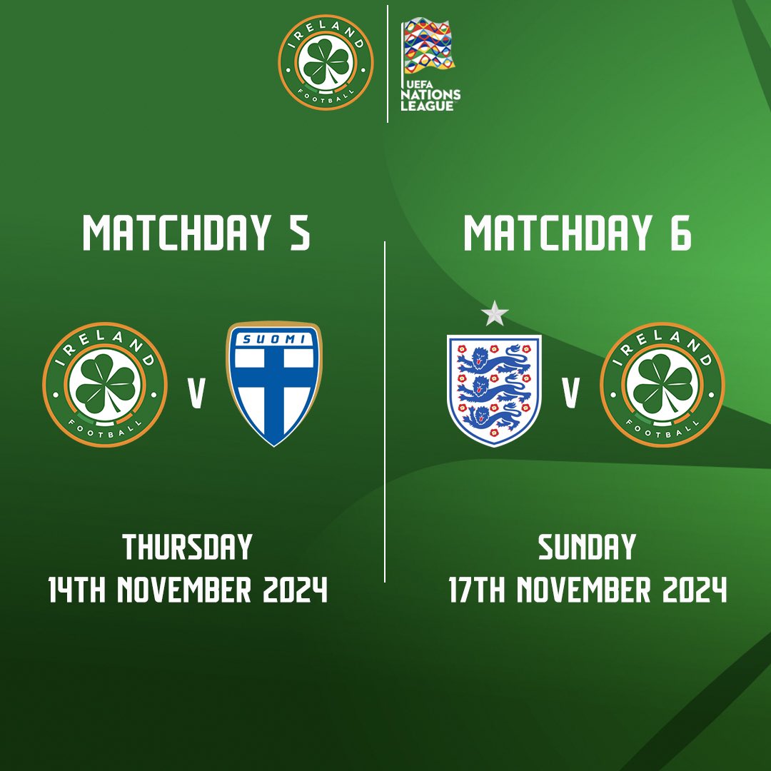Our full #NationsLeague fixture schedule 🤩

🇮🇪 v 🏴󠁧󠁢󠁥󠁮󠁧󠁿 | Saturday 7th September
🇮🇪 v 🇬🇷 | Tuesday 10th September
🇫🇮 v 🇮🇪 | Thursday 10th October
🇬🇷 v 🇮🇪 | Sunday 13th October
🇮🇪 v 🇫🇮 | Thursday 14th November
🏴󠁧󠁢󠁥󠁮󠁧󠁿 v 🇮🇪 | Sunday 17th November