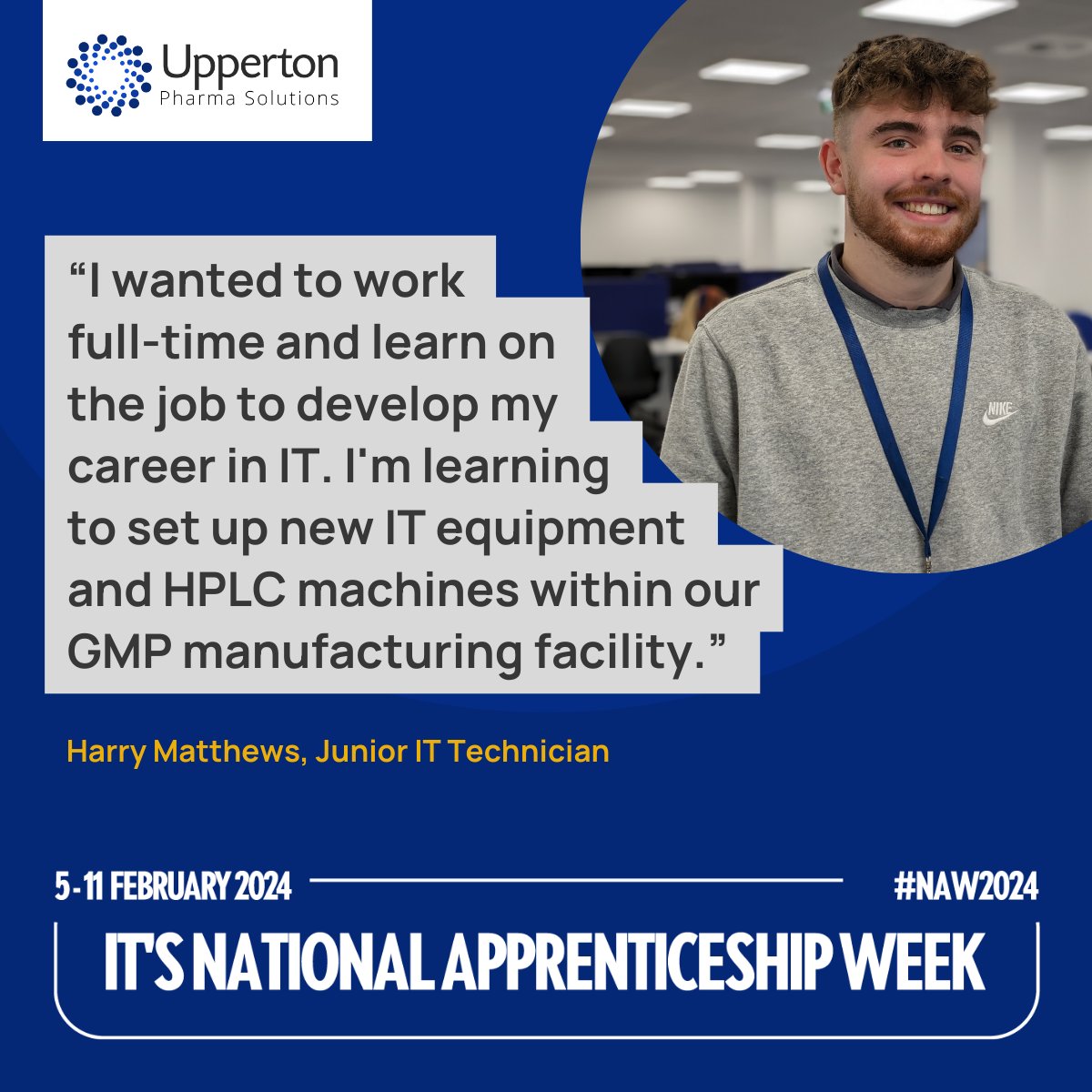 We caught up with Harry this week for a quick chat about his Level 3 Information Communications Technician Apprenticeship... 'I'm learning to set up new IT equipment and HPLC machines within our new GMP manufacturing facility.' #NAW2024 #CDMO #apprenticeships