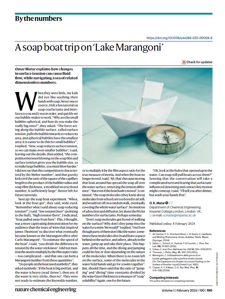 Our February 'By the Numbers' is now online! Omar Matar explains how changes in surface tension can cause fluid flow, while navigating a sea of related dimensionless numbers. @MatarLab @ImperialChemEng Temporary access link here: rdcu.be/dyeMH