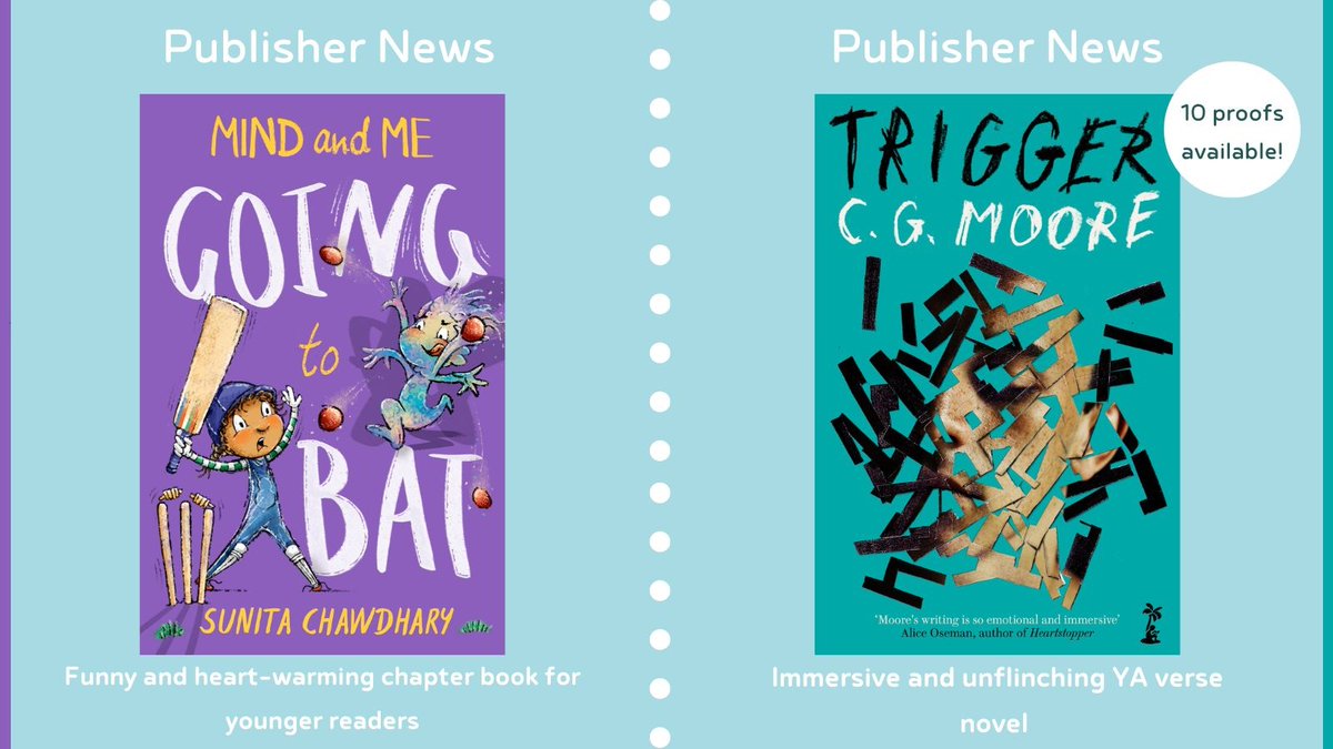 It's Publisher News Time! DM to request your copies of the below ⬇️ 🏏 Mind and Me 2 gently introduces a child to the idea and practice of mindfulness, perfect for Children's Mental Health Week! 📘 Trigger is an immersive and powerful YA verse novel from @cgmoore_author