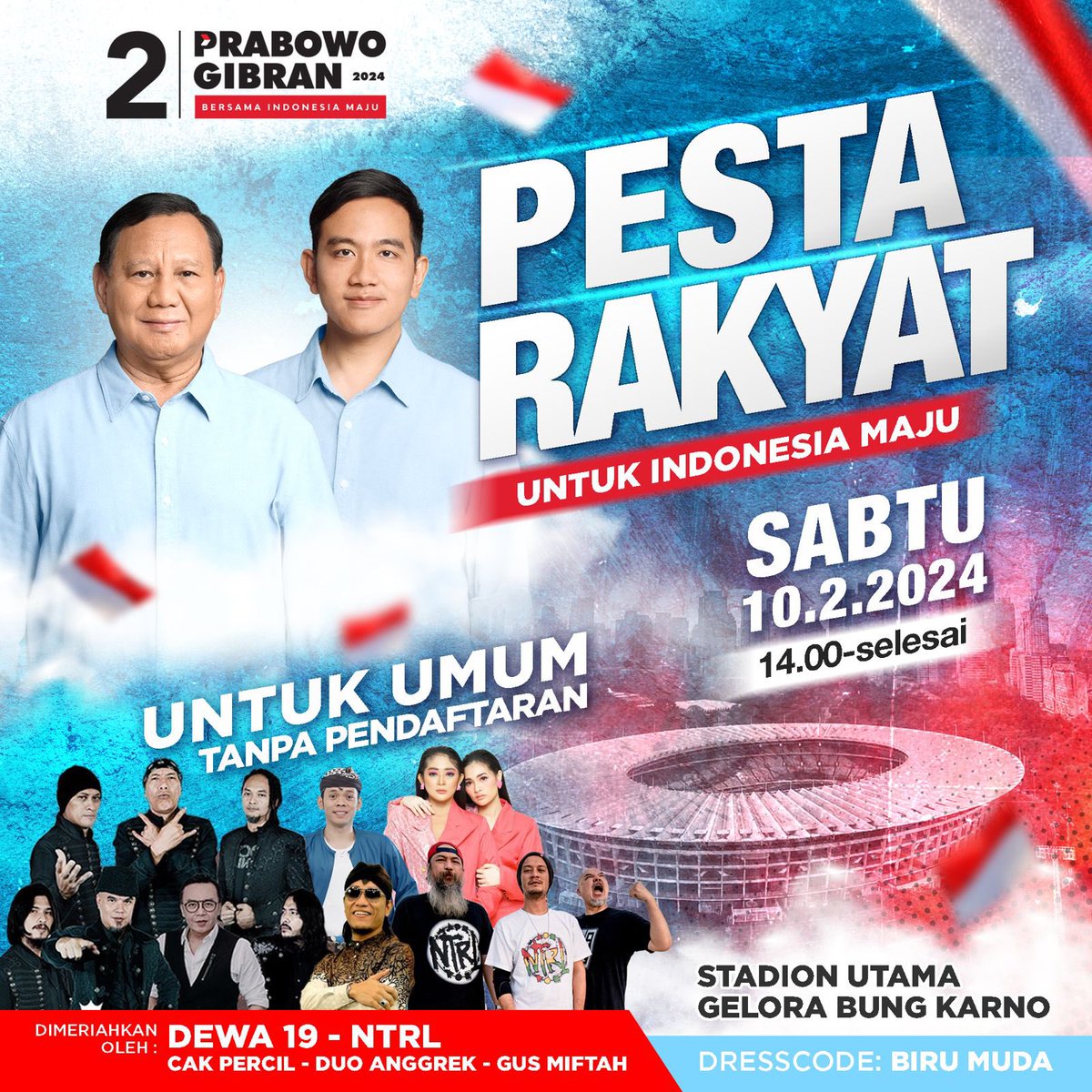 Besok nih tweeps, dan terbuka untuk umum ‼️
Yuk kita "biru"in GBK besok bersama Prabowo-Gibran untuk #MenangBersamaRakyat 🇲🇨🫰

#PrabowoGibranIstimewa #MenangSatuPutaran