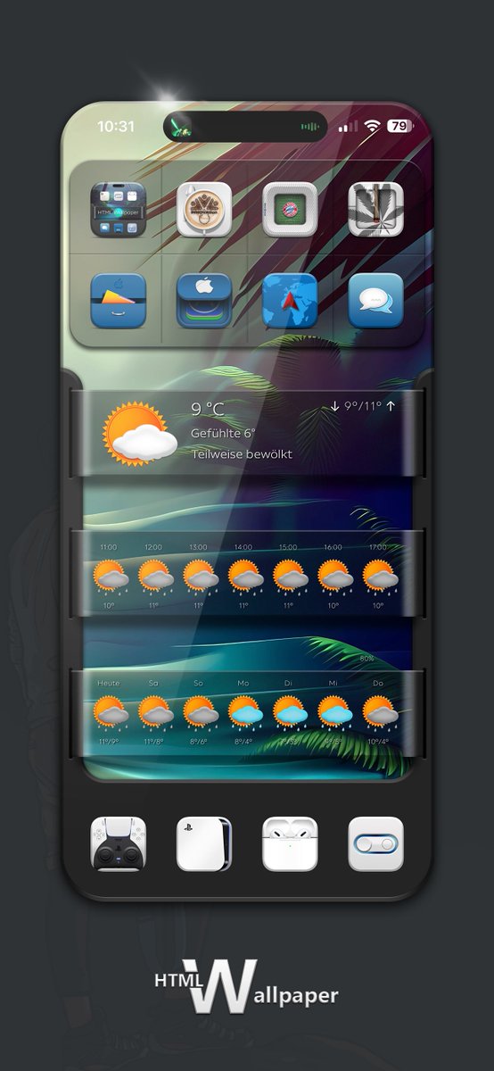 My Friday setup. Credits @JedEye81 for the weather icons and @TeboulDavid1 for the wallpaper. @kleinmone @thewaytozion #HTMLWallpaper #NOJailbreak #iOS17