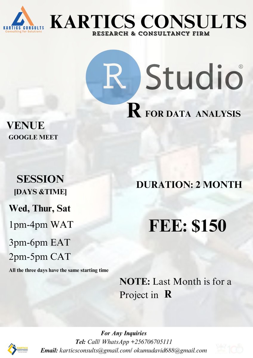 KarticsConsults's tweet photo. We equip Data Analysts, Statisticians and Bioinformatician with knowledge in R as a tool for Data Analysis. 

FEE: $150

Are you interested in exploring this opportunity? 
If YES, Click the link below to register: https://t.co/HDU8VhwLuR https://t.co/JNghjHPLKR