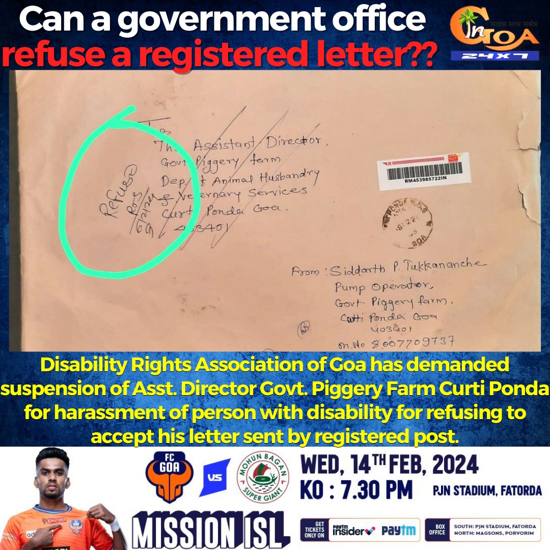 InGoa24x7's tweet photo. .@goadisability of Goa has demanded suspension of Asst. Director Govt. Piggery Farm Curti Ponda for harassment of person with disability for refusing to accept his letter sent by registered post.
#Goa #GoaNews #DRAG #deands #suspension #PiggeryFarm https://t.co/dmoAw2O5Sf