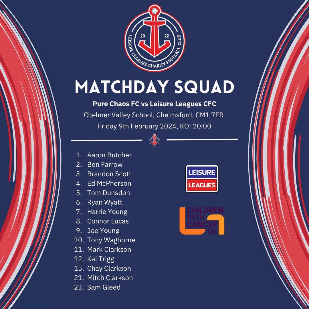Leisure Leagues Charity Football Club πβ€οΈ (@llcfc22) on Twitter photo ITβS MATCHDAY π¨
Weβre back and better than ever π
Our first fixture of 2024. Details & squad list confirmed below β¬οΈ
π Pure Chaos
πChelmer Valley School, Chelmsford, CM1 7ER
π Friday 9th February 2024
β° 8pm KO
πΈ Raising for <a href="/CwC_UK/">Children with Cancer UK</a> ππ§‘ ITβS MATCHDAY π¨
Weβre back and better than ever π
Our first fixture of 2024. Details & squad list confirmed below β¬οΈ
π Pure Chaos
πChelmer Valley School, Chelmsford, CM1 7ER
π Friday 9th February 2024
β° 8pm KO
πΈ Raising for <a href="/CwC_UK/">Children with Cancer UK</a> ππ§‘