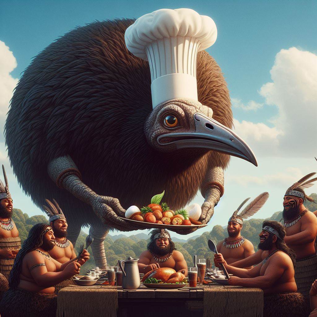 'Did you know that Moa were in fact masters of the culinary arts? They would regularly be invited onto Marae to showcase their amazing cooking abilities. Unfortunately, they eventually proved too tasty to resist and were slaughtered.'

#MoaFacts #TrueHistory #MoaGenocide #Satire