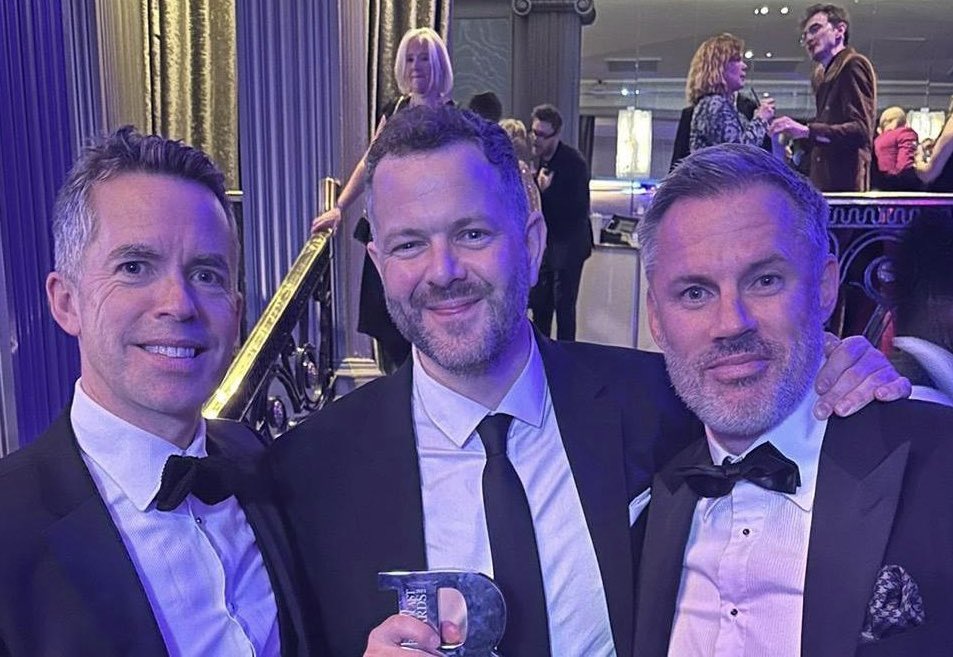 Statistician supreme Will Rickson (centre) with Sky Sports colleagues David Jones &amp; Jamie Carragher after Sky Sports’ Monday Night Football programme won Best Sports Programme at last night’s Broadcast Awards, beating coverage of events like the World Cup final &amp; The Ashes.