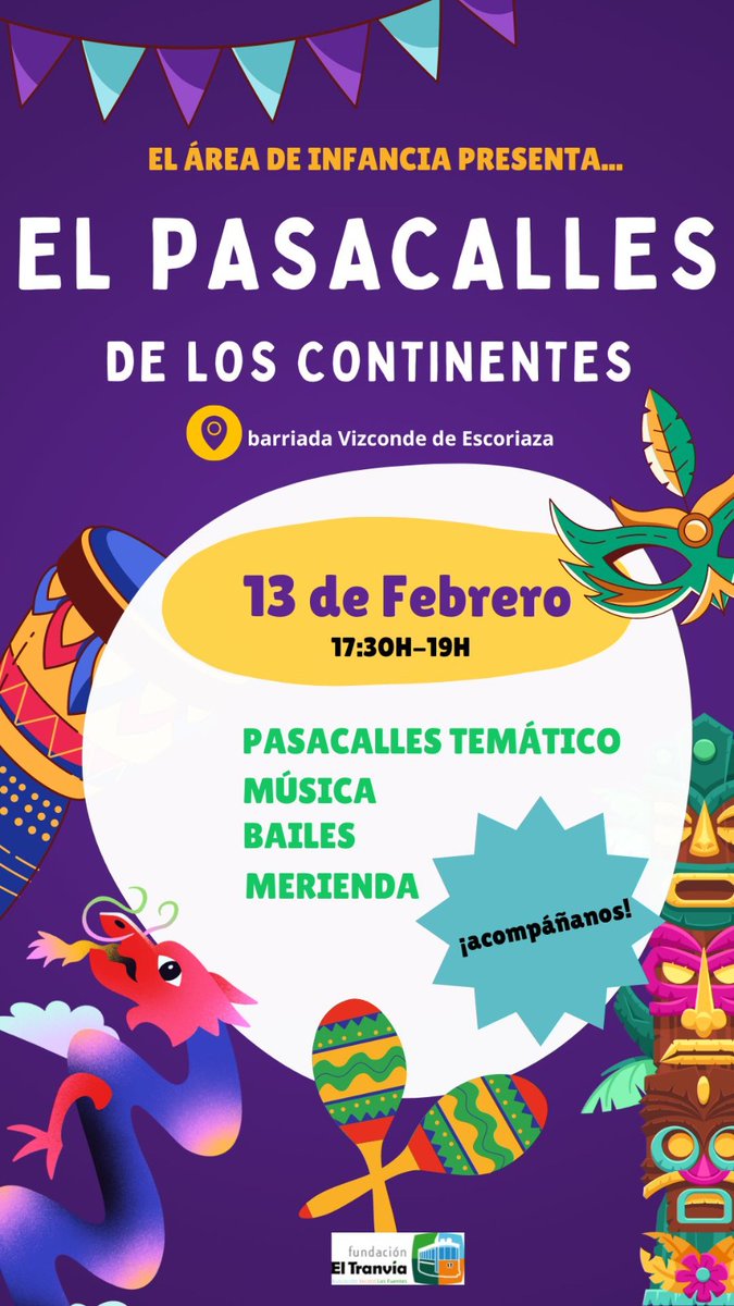 Ya llega el Carnaval a la Fundación El Tranvía.
 
Os esperamos el martes que viene a las 17:30. Pasacalles, música, bailes y para terminar una merienda compartida.

Os animamos a participar y pasar una tarde divertida con niños/as y familias.