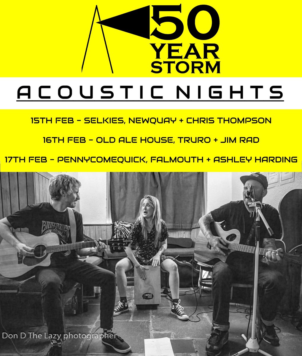 Our mini acoustic tour starts next week 👇
• Thurs 15th Feb at Selkies Newquay with Chris Thompson
• Fri 16th Feb at Old Ale House Truro with Jim Rad - Acoustic
• Sat 17th Feb at Pennycomequick Falmouth with Ashley Harding

Music starts at 9.30pm!