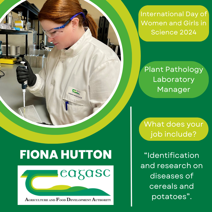 teagasc's tweet photo. Join Teagasc in celebrating the International Day of Women and Girls in Science on #February11. Fiona Hutton is the Plant Pathology Laboratory Manager at Oak Park Research Centre. 
Find out more https://t.co/78li7Aa0zz
#WomenInScience #Teagasc @UN_Women https://t.co/SNwWx063KM
