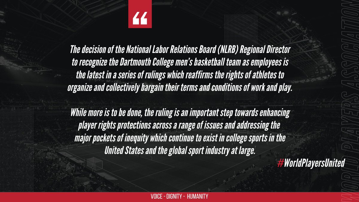 The World Players Association expresses its support for the brave players at Dartmouth and all athletes committed to leaving their sports and workplaces in a better position for the next generation of athletes to come. 🏀⛹🏾‍♂️✊🏾💪🏾uniglobalunion.org/news/right-to-…