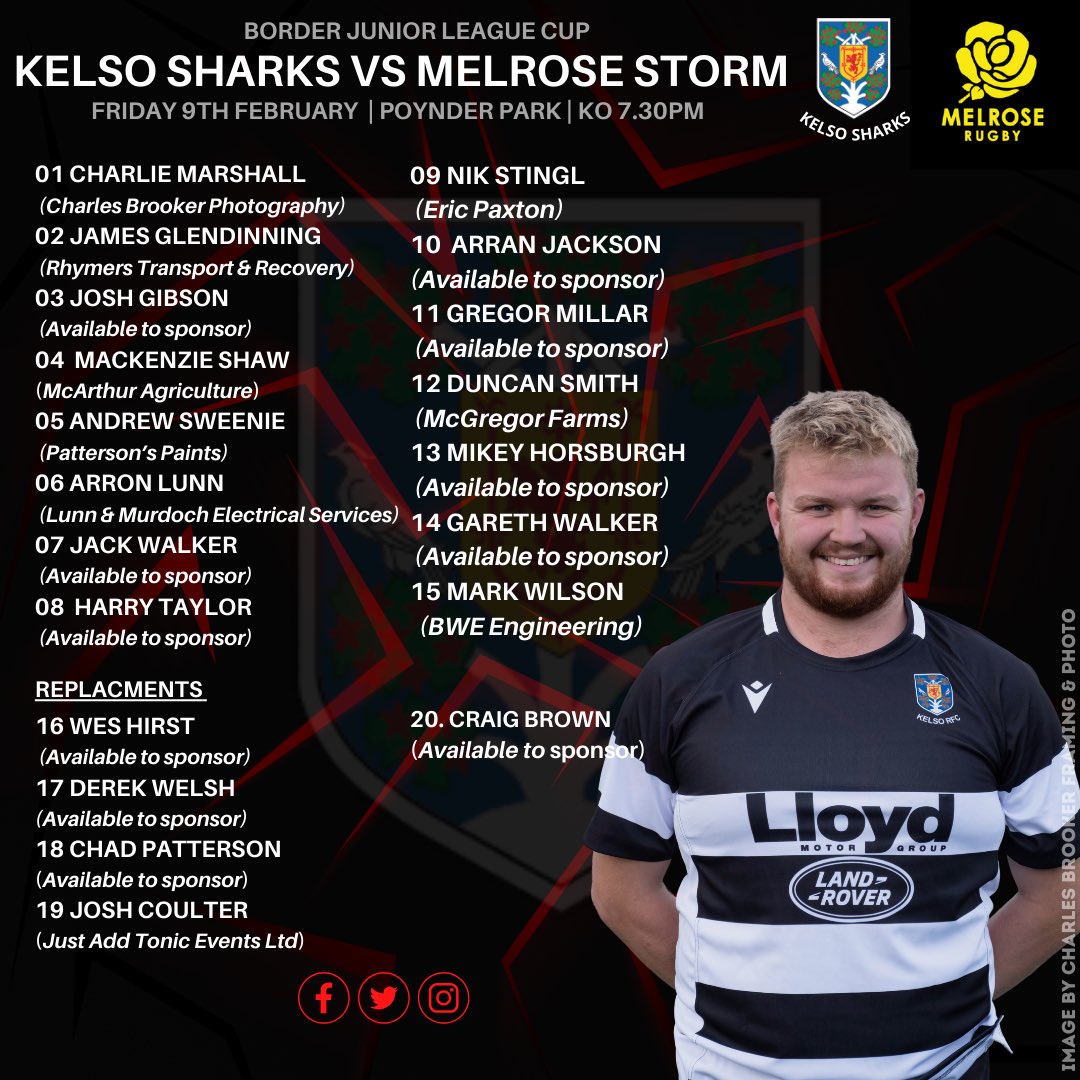 ⚫️⚪️ KELSO SHARKS V MELROSE STORM ⚫️⚪️ Kelso Sharks squad to play against Melrose Storm this evening at Poynder Park. 📍Poynder Park ⏰ KO 7.30pm Good luck Sharks! #OneClub #OneCommunity #blacknwhitejersey