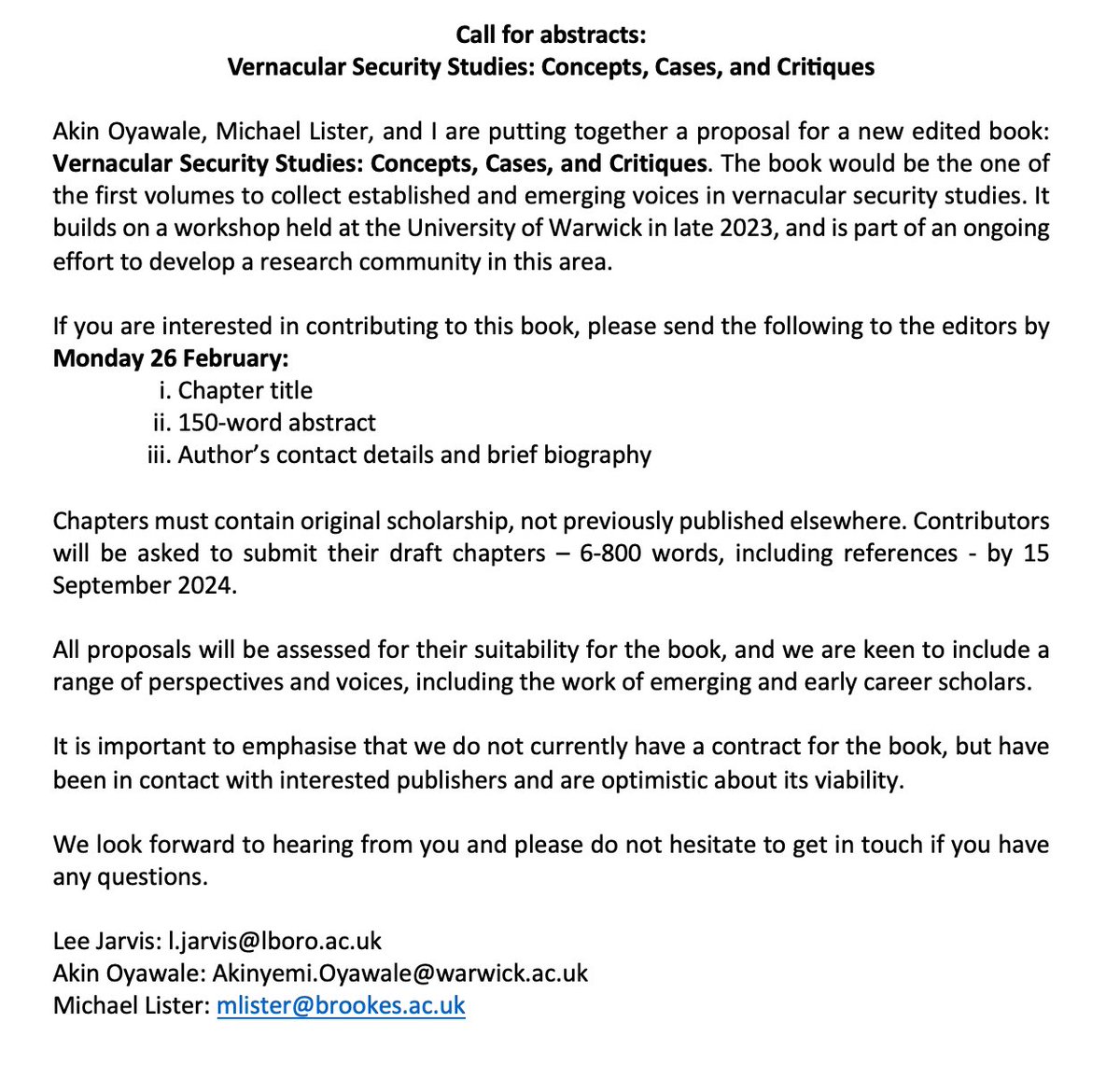 Call for abstracts for a new book project on #vernacular #security. Please do get in touch with a proposed abstract or any questions: