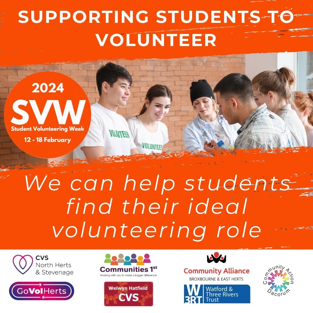 We have teamed up with local organistions to help find volunteering roles for students. Head on over to the website w3rt.communityvolunteering.org and you can search through a range of opportunities across #Watford and #ThreeRivers. 
#StudentVolunteeringWeek2024 #W3RTCVS