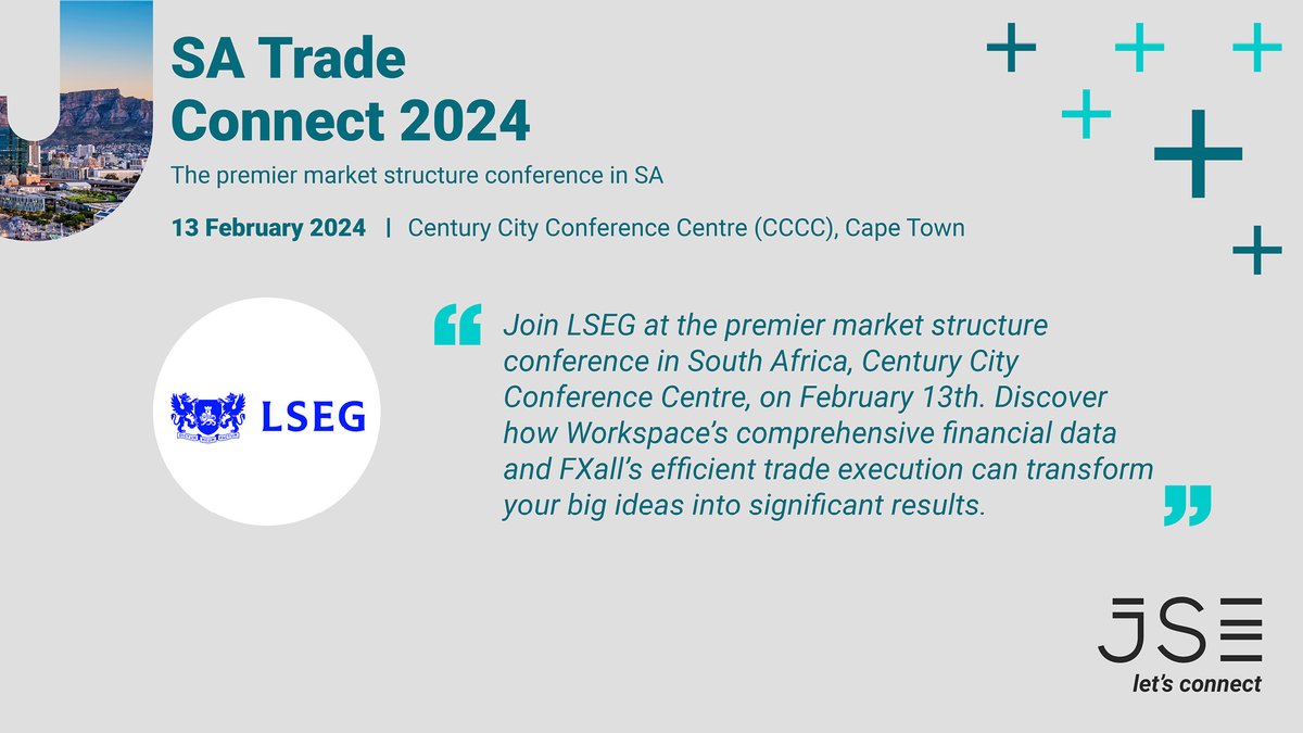 JSE_Group's tweet photo. We look forward to @LSEGplc's invaluable insights at #SATradeConnect2024, South Africa’s premier equity market structure conference on 13 February 2024.
#JSE #EquityMarketStructure #TradingEcosystems #SellSide #BuySide #SoftwareVendors #LiquidityProviders https://t.co/77SmjcaxdG