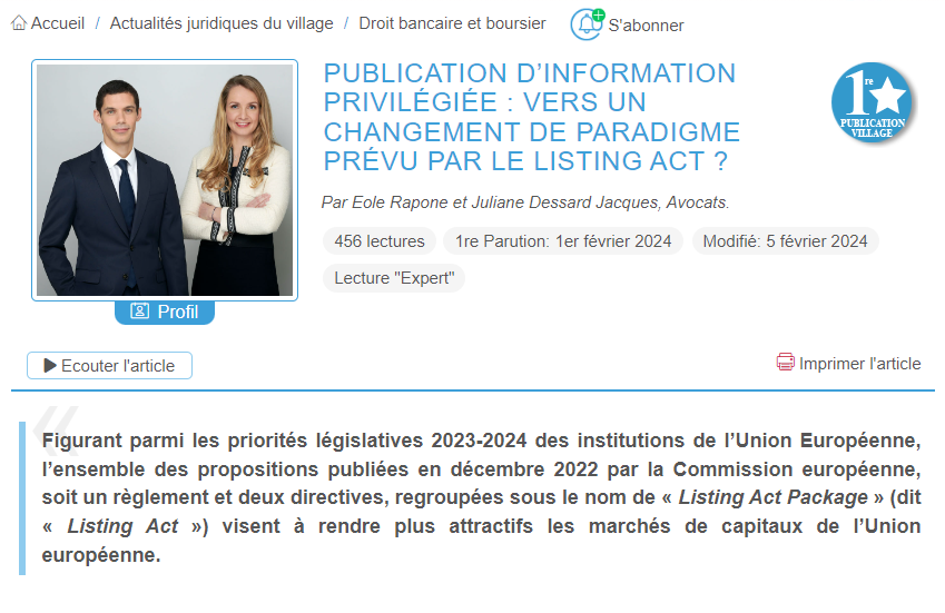 Emeriane_Law's tweet photo. [LISTING ACT] 🟡Publication d’information privilégiée : vers un changement de paradigme prévu par le #ListingAct ? 

🔗 Retrouvez notre article sur @Villagejustice https://t.co/Z2yqrVyUj5