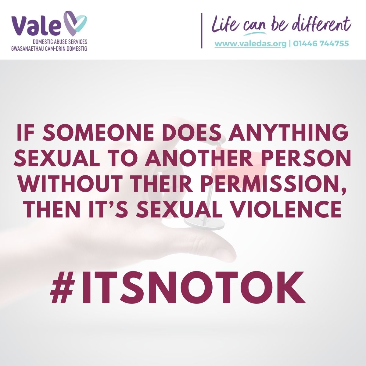 This week is Sexual Abuse & Sexual Violence Awareness Week. Vale Domestic Abuse Services are helping raise awareness of this issue that effects 1 in 4 women in England and Wales. #ItsNotOk #SexualAbuse #SexualViolenceAwarenessWeek