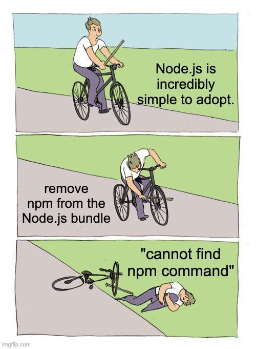 Good summary about the npm 💔 Node.js relationship. I bet (hope?) the community will not do it buff.ly/3wdvbAU