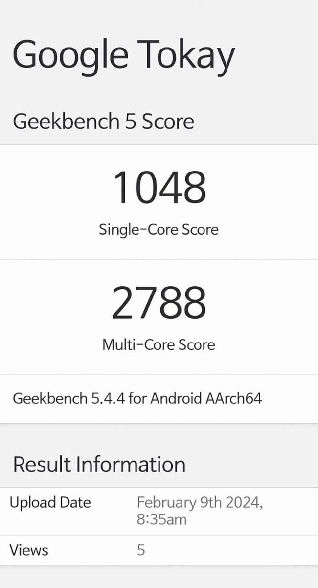 itz_mohitverma's tweet image. Google Tensor G4 appears on Geekbench.
- Device Codename : Tokay
Android 14
Tensor G4
1 × 3.1GHz Cortex X4/X5
3 × 2.6GHz Cortex A7xx cores
4 × 1.96GHz Cortex A5xx cores
GPU : Arm Mali G715
- 8GB RAM
Pixel 9 series and Fold 2 will be powered by G4
#GoogleTensor