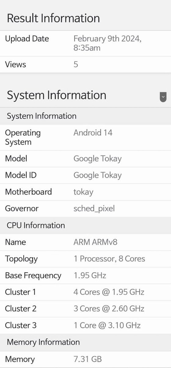 itz_mohitverma's tweet image. Google Tensor G4 appears on Geekbench.
- Device Codename : Tokay
Android 14
Tensor G4
1 × 3.1GHz Cortex X4/X5
3 × 2.6GHz Cortex A7xx cores
4 × 1.96GHz Cortex A5xx cores
GPU : Arm Mali G715
- 8GB RAM
Pixel 9 series and Fold 2 will be powered by G4
#GoogleTensor
