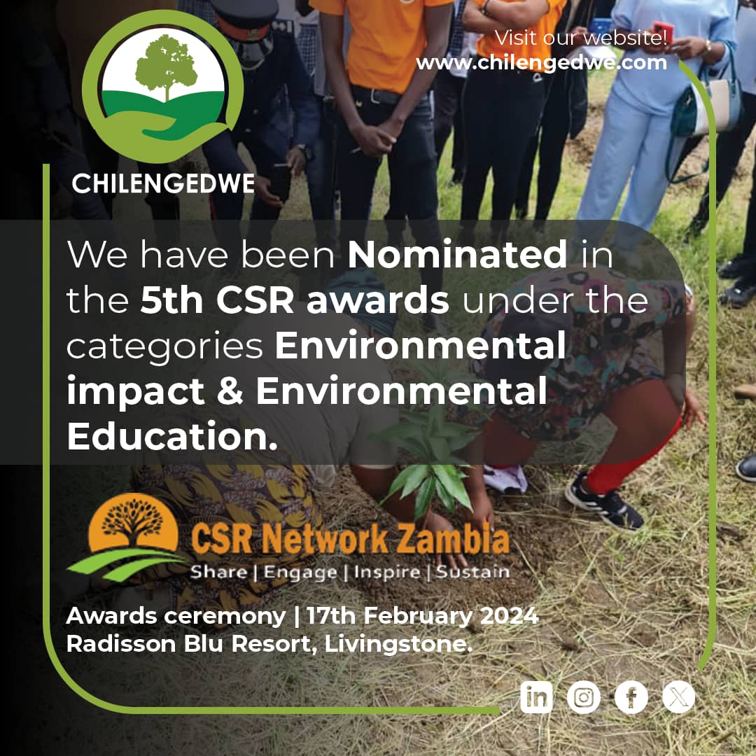 🌟 Exciting News! 🌟 We are thrilled to share that Chilengedwe has been nominated in the prestigious 5th CSR Network awards
 #CSRNetworkAwards #Chilengedwe #SocialResponsibility #makingadifferencelocally #education #conservation #environmentalimpact #ClimateAction