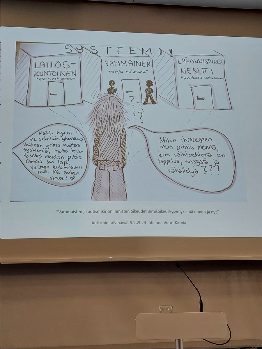 Autismiliitto's tweet photo. Johanna Vuori-Karvian puheenvuoro on pysäyttävä. Kuvassa autismikirjon nuoren piirustus vaihtoehdoista, mitä yhteiskunta hänelle tarjoaa. Missä turvallinen tila ja mahdollisuus elää sellaisena kuin on?
@jkarvia 
#talvipäivät2024 https://t.co/NGEjGCT5fh
