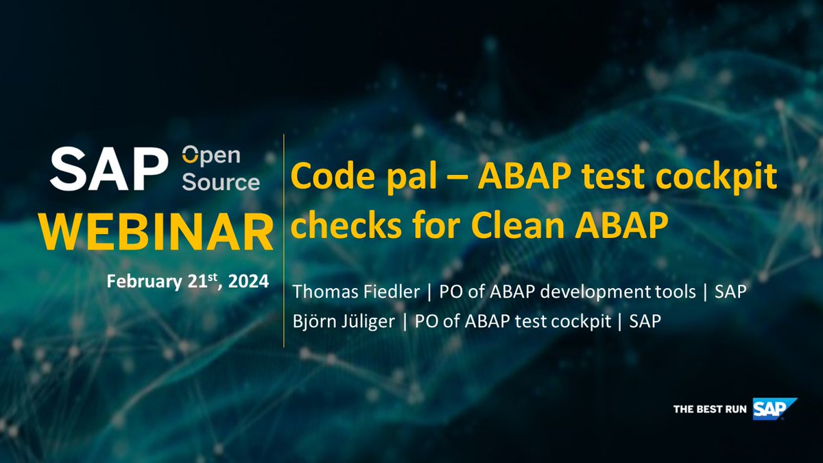 sapopensource's tweet photo. The upcoming #SAPOpenSource webinar is all about Code Pal! This #OpenSource tool helps you easily integrate the #CleanABAP rules into your development.
 
👉 Register now: https://t.co/qDxCpEC1RX
 
#OpenSource #codepal #ABAP https://t.co/bAiF8vjdJ3