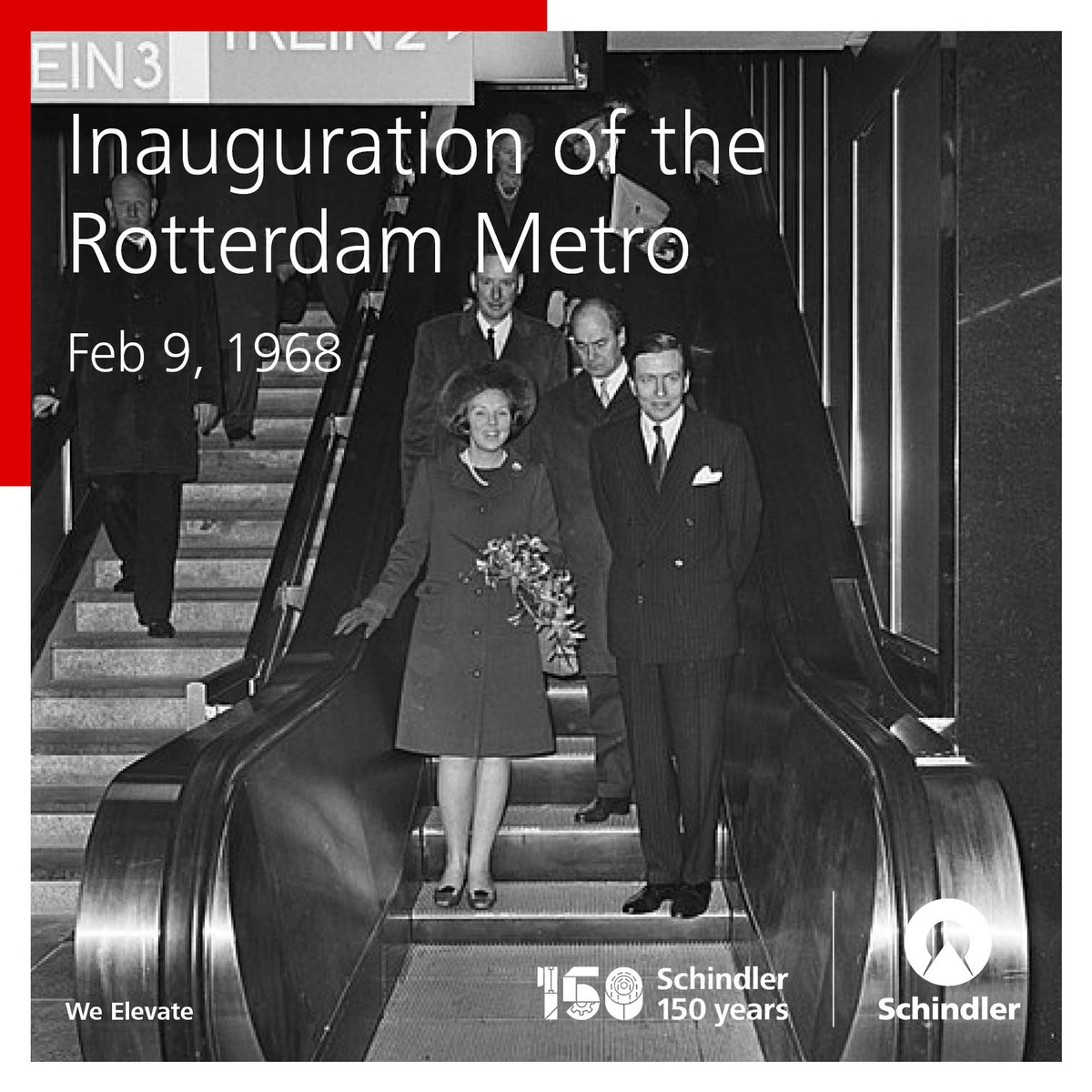 Exactly 56 years ago today, Princess Beatrix of the Netherlands and Prince Claus inaugurated the first line of the Rotterdam Metro – riding a Schindler #escalator. #ThisDayInHistory