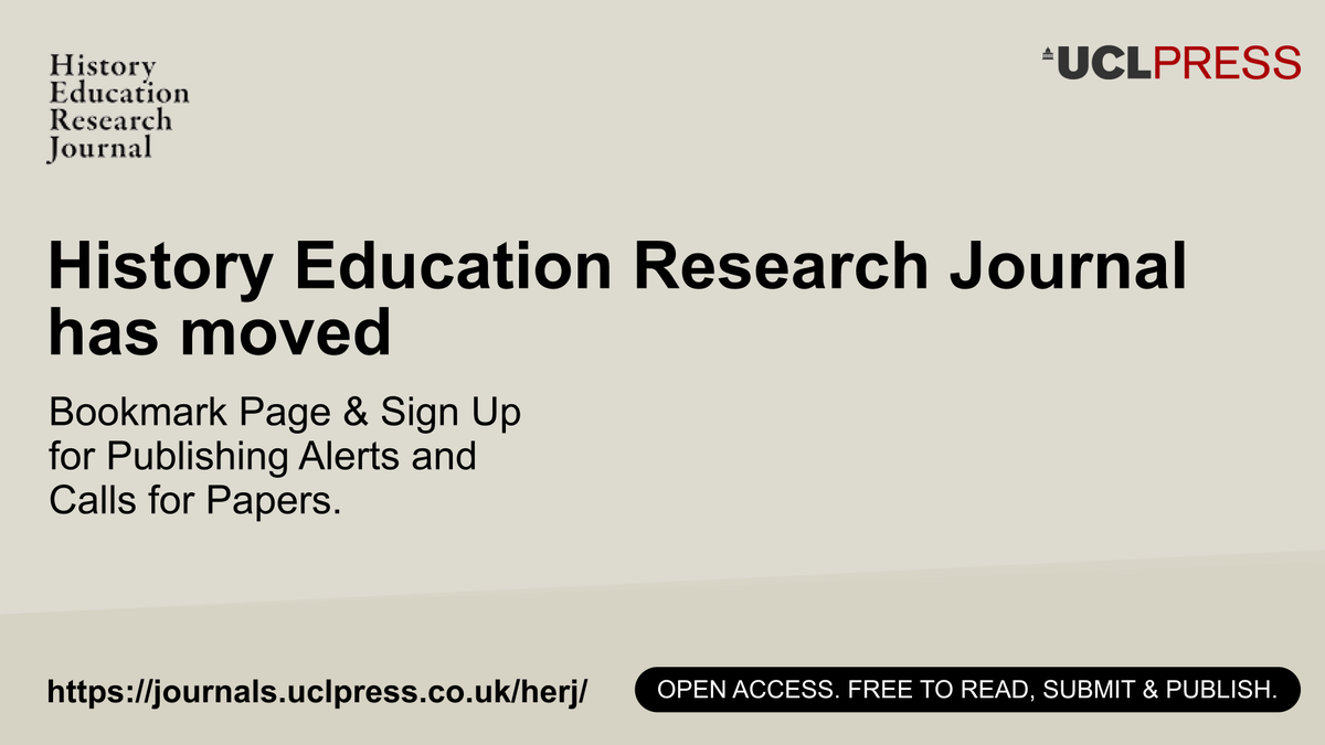 History Education Research Journal has moved. @HERJ_Journal can now be found here: journals.uclpress.co.uk/herj Still #OpenAccess, still free to read, submit to and publish in. Sign up for new article alerts today: journals.uclpress.co.uk/herj