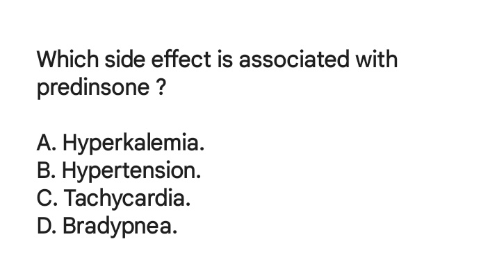 pharmahub_'s tweet photo. 🔴 Which side effect is associated with predinsone ? https://t.co/38eFQ1wHKh