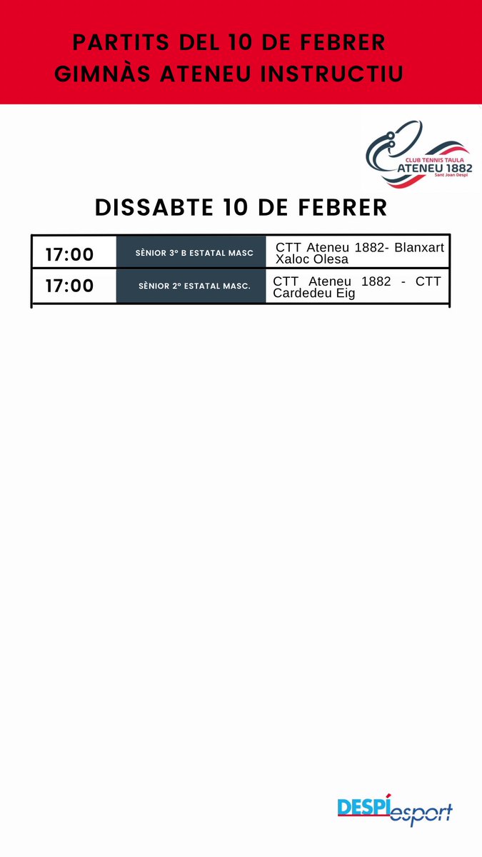 #competicio Aquests són els partits a casa de @SJDCFS14 @cttateneu1882 #futbolsala #tennistaula #esport #santjoandespi #despiesport