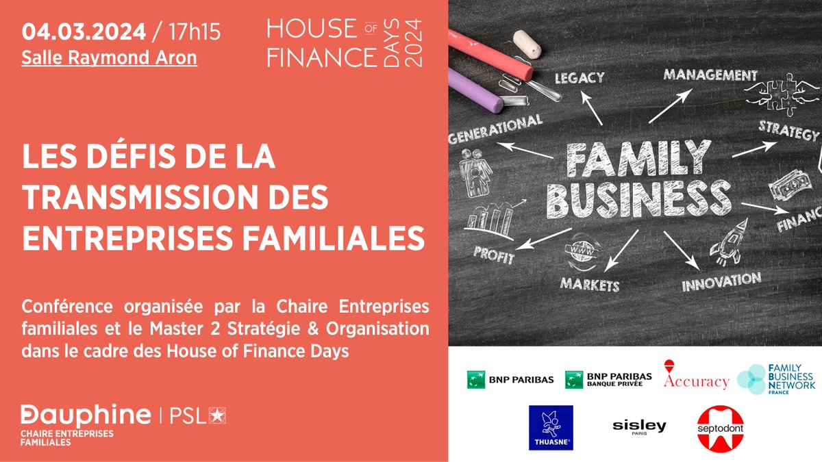 [Conférence] "Les défis de la transmission des #entreprises #familiales" 💼
Organisée par la #Chaire Entreprises Familiales et le Master 2 Stratégie &amp; Organisation, dans le cadre des HoF Days 2024 de la <a href="/HoFDauphine/">House of Finance</a> 
 
📅 Lundi 4 mars à 17h15
 
S'inscrire➡️my.weezevent.com/hofdays2024-la…
