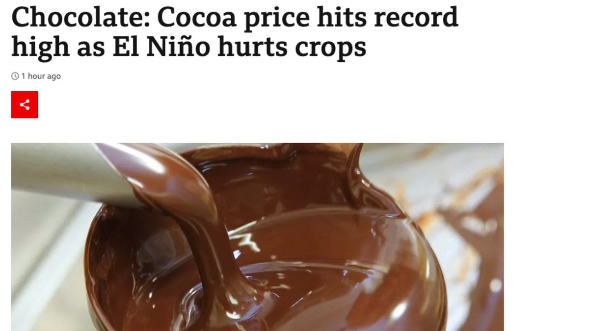 Global cocoa prices have hit an all-time high 📈, as reported by BBC News: bbc.in/3HPQH14.

Chocolate manufacturers continue to be hit by rising ingredient prices, while consumers feel the squeeze in their shopping baskets due to inflation. 

#Chocolate #Sustainability
