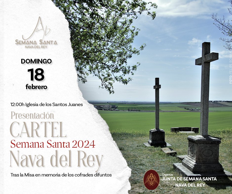 📷 𝐏𝐑𝐄𝐒𝐄𝐍𝐓𝐀𝐂𝐈𝐎́𝐍 𝐂𝐀𝐑𝐓𝐄𝐋 𝐃𝐄 𝐋𝐀 𝐒𝐄𝐌𝐀𝐍𝐀 𝐒𝐀𝐍𝐓𝐀 𝟐𝟎𝟐𝟒 - 𝐍𝐀𝐕𝐀 𝐃𝐄𝐋 𝐑𝐄𝐘 📷
📷 ¡Se acerca la Semana Santa 2024 de Nava del Rey y tenemos la primera cita imprescindible! 📷
📷 ¡Agenda el domingo 18 de febrero a las 12:00h!