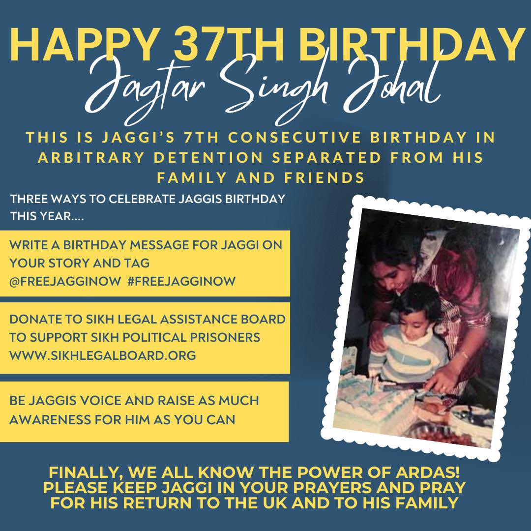 Today marks Jaggi’s 37th birthday, 7th birthday of arbitrary detention in an Indian prison. Will you continue to be Jaggi’s voice and help us bring him back to the UK? #FreeJaggiNow #freesikhprisoners #NeverForget84 #Sikhs @FreeJaggiNow