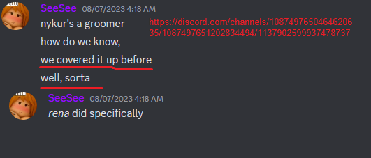 RR34Minorwatch's tweet photo. @.SeeSeeRR34 admitted to covering up Nykur (an alleged groomer) with gRena @.RBLX_Rule34.  

It should be a red flag (if thats true) considering the Kuma case.  

Take it as a grain of salt.
 [#RobloxRule34 #RR34] https://t.co/Rpsex6fCFp