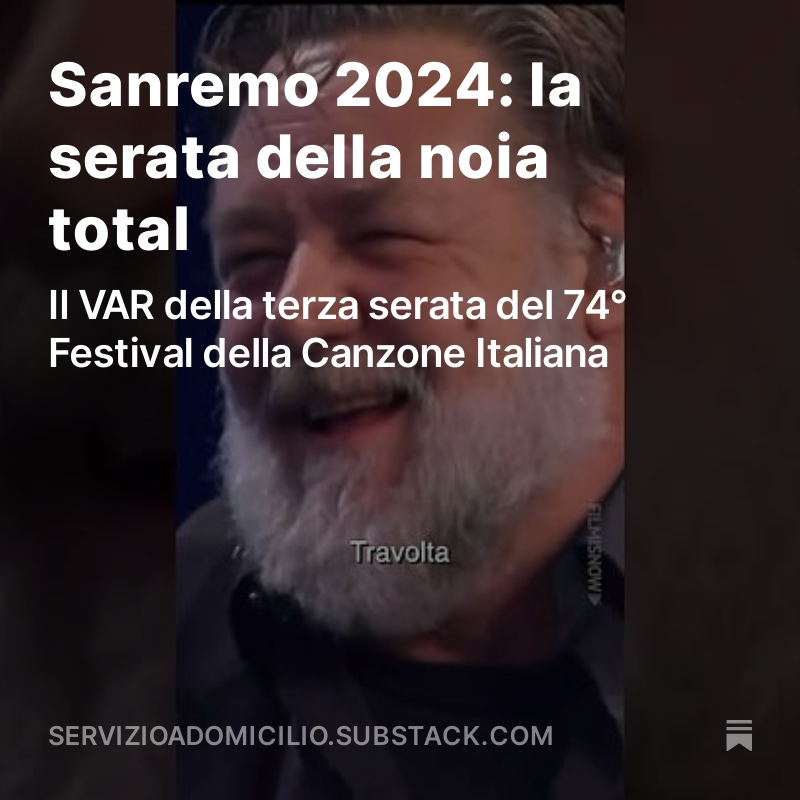 E col lieto faccione di Russell Crowe annunciamo l'uscita della terza newsletter a tema #Sanremo2024 . Si legge qui: servizioadomicilio.substack.com/p/sanremo-2024…