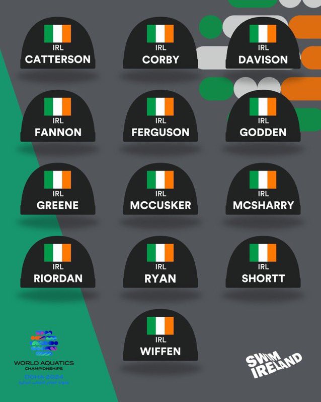 IRLOlympicChase's tweet photo. Irish swimmers dive into their World Champs this weekend in Doha. For some it’s an opportunity to secure Paris Q times, for others it’s a chance to fine tune ahead of the Olympics @swimireland Good luck to all 🇮🇪☘️👏🏊‍♂️🏊🏻‍♀️ #TeamIreland #RoadToParis2024 https://t.co/PGWkWL1M7M