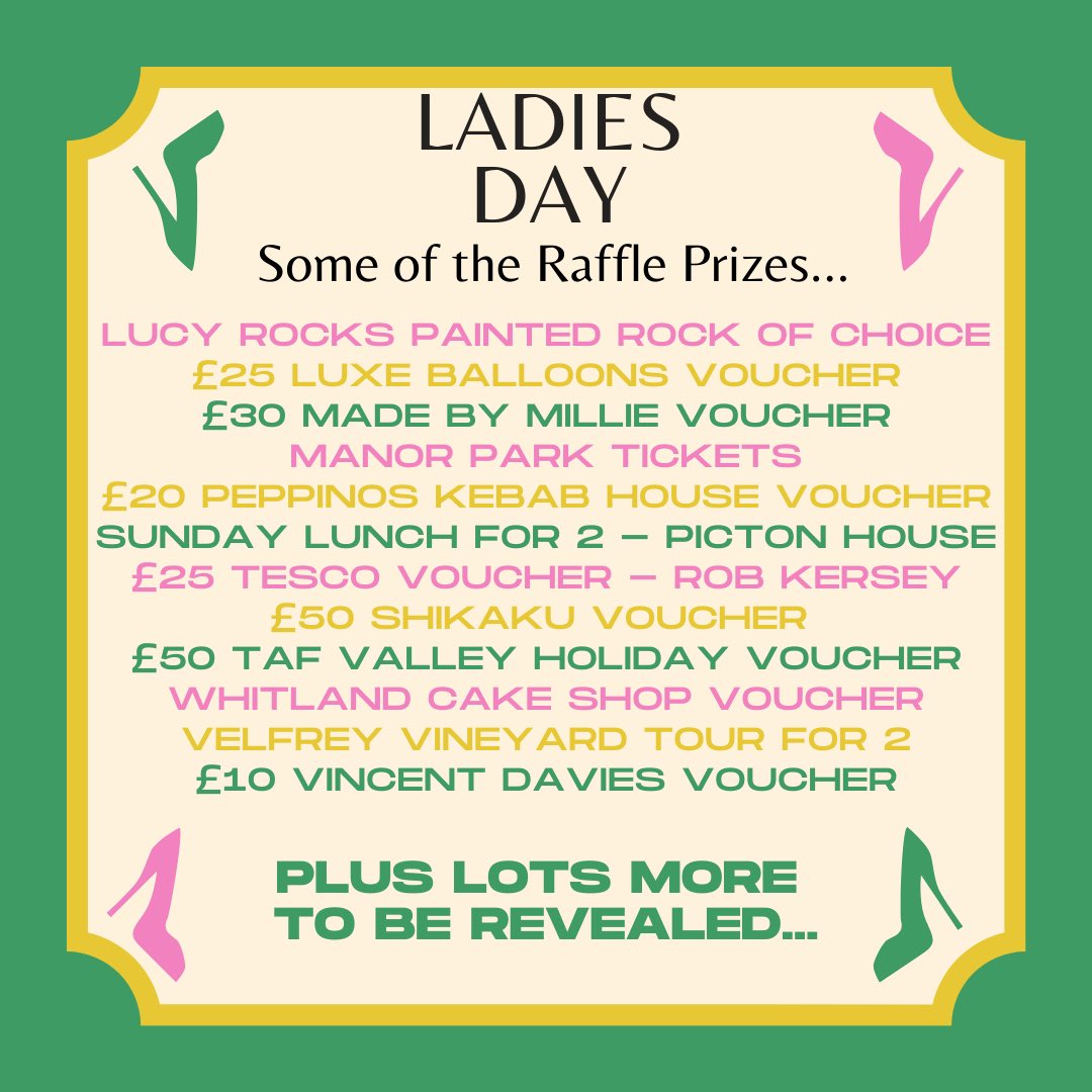 🟢 WHITLAND RFC 🟢 

Ladies Day Countdown is ON!! 

Here is a list of SOME (with more to add to this list) of the amazing raffles prizes we have on offer at Ladies Day 💃🏼🎟️ 

To Purchase, contact; 
📞 Millie Harry - 07966512096 or 
📞 Jade Mason - 07970249459

💥 PLEASE SHARE 💥