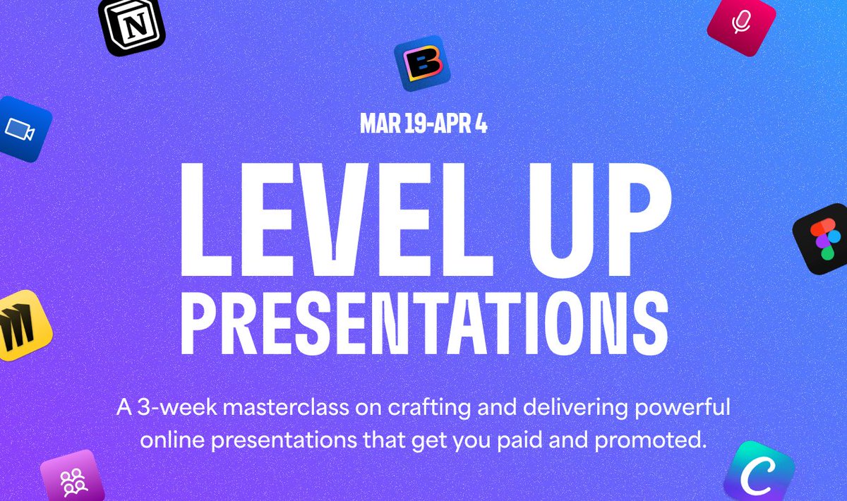 I’m excited to launch Level Up Presentations: a 3-week masterclass on crafting and delivering online presentations that get you paid and promoted.

If you’re A+ talent but you’re giving C+ presentations, then you’re C+ talent in the eyes of your audience.

Presenting your ideas