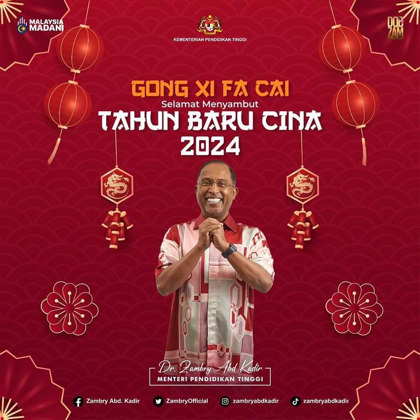 ZambryOfficial's tweet photo. Saya dan keluarga mengucapkan Gong Xi Fa Cai. Selamat Menyambut Tahun Baru Cina 2024 kepada semua rakyat Malaysia yang meraikannya terutamanya kepada seluruh warga Kementerian Pendidikan Tinggi. https://t.co/SXWWBdB8DM