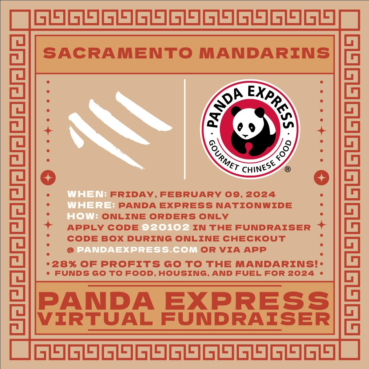 Kick off Chinese New Years with us today with our nationwide Panda Express Virtual Community Fundraiser! Order online through the Panda Express app or at pandaexpress.com for pickup or delivery, and apply code 920102 in the Fundraiser Code box during online checkout!