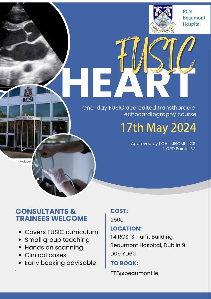 📢 Calling all NCHDs and Consultants @Beaumont_ICU are hosting a FUSIC Course on Friday, the 17th of May. To secure your place, Email TTE@beaumont.ie