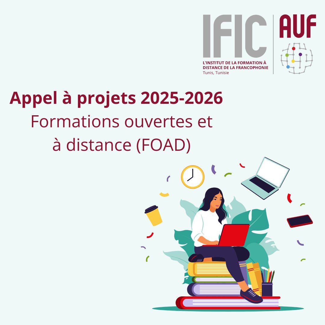 📢 L'@ific lance son appel à projets pour les formations ouvertes à distance (#FOAD) 2025-2026. 
📆Date limite des candidatures : 4 avril 2024. 
➕ Plus d'informations sur l'appel à projets : l.auf.org/AAP-FOAD25-26 
Contactez-nous sur 👉 appel-foad@auf.org