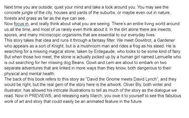 Out in PREVIEWS now, you absolutely should check out The Mushroom Knight Vol. 1. The art here is outstanding and the story will make you reflect on the world around you. I was lucky enough to get to review this early. <a href="/MadCaveStudios/">Mad Cave Studios</a> <a href="/PREVIEWSworld/">PREVIEWSworld</a> Oliver Bly