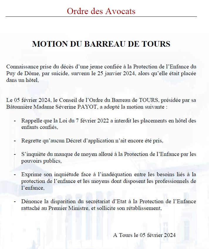 🚨 Motion du #BarreaudeTours relative à la protection de l'enfance 🚨  à la suite du suicide d'une adolescente de 15 ans, placée à l"ASE, dans un hôtel du Puy-de-Dôme.
#avocats #protectiondelenfance 

<a href="/CNBarreaux/">Conseil national des barreaux - les avocats</a> <a href="/Conf_Batonniers/">ConférenceBâtonniers</a>