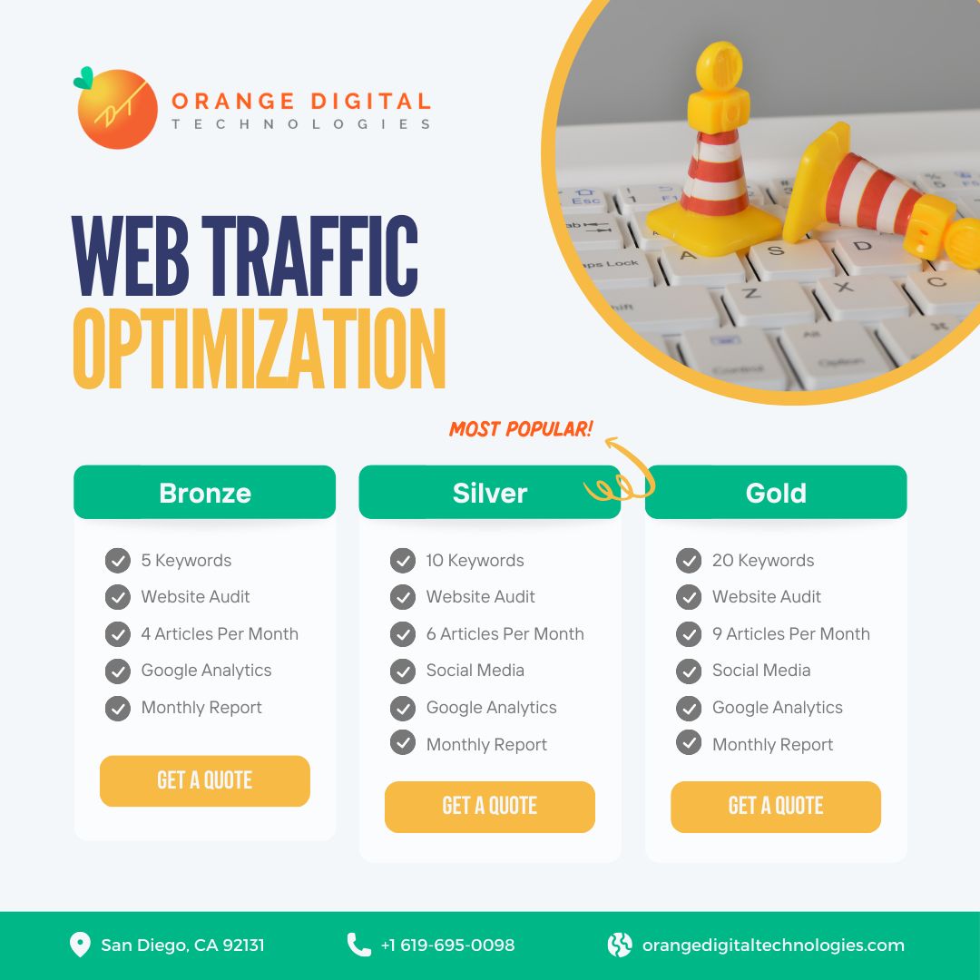 Unlock your website's true potential! 🤩

At Orange Digital Technologies, we will help you boost your visibility and attract the right customers with Web Traffic Optimization for Business.